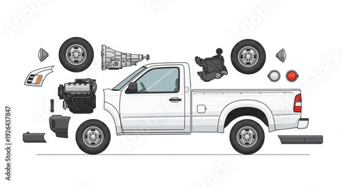 White Pickup Truck Parts Disassembled.
