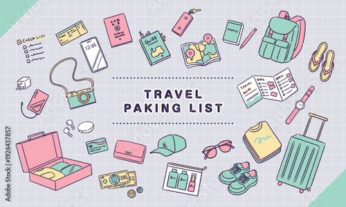 旅行の準備・パッキングの手書き風イラストセット（レトロポップ）