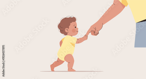 Illustration of a baby taking first steps holding an adult's finger, depicting the bond between parent and child with a warm, supportive feeling. Yellow and skin tones create a gentle mood.