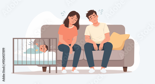 Tired parents sit on a couch looking exhausted near a baby crying in a crib, depicting the challenges of new parenthood and sleep deprivation.