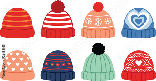 Colorful Winter Beanie Hats with Pom-Poms and Patterns for Fashion, Seasonal, and Cozy Designs