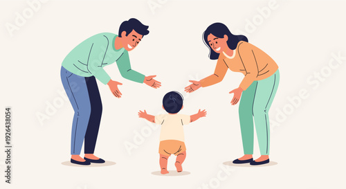 Illustration of a baby taking its first steps towards smiling parents, with outstretched arms, in a light, airy, and cheerful setting that evokes love and support.