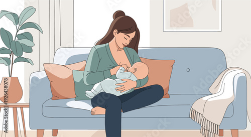 Illustrated scene of a woman breastfeeding her baby while sitting on a blue sofa in a light-filled, neutral-toned living room, creating a peaceful and intimate moment.