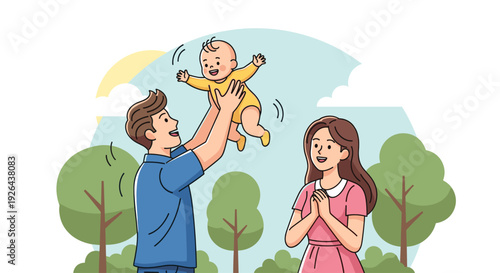 A happy father throws his baby daughter in the air as the mother watches with a smile in a park setting, creating a joyful family moment.
