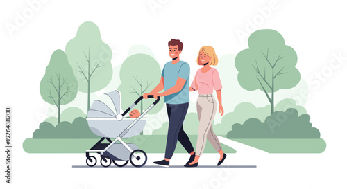 Illustration of a young family, a man and woman, walking with their baby in a stroller in a park setting, rendered in a flat, modern style.
