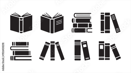 Book and library icon collection with open books and stacked volumes in simple black silhouette style