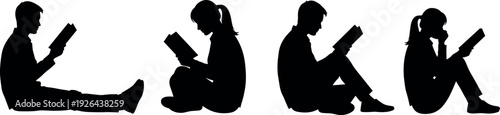 Set of black vector silhouettes featuring young men and women sitting on the floor reading books for educational design concepts.