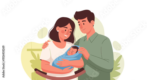 A happy couple lovingly holds their newborn baby boy, wrapped in a blue blanket, in their home, conveying warmth, family, and the joys of parenthood.