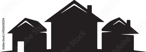 Black silhouette of three houses with pointed roofs