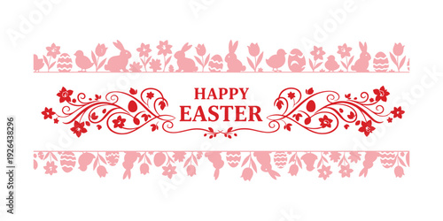 Easter-themed border showcasing typography and stylish swashes. Celebrate with a Happy Easter panoramic banner on a plain background.

