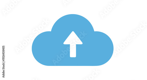 Simple stylized blue cloud icon featuring a bold white upward arrow indicating a data upload process for storage