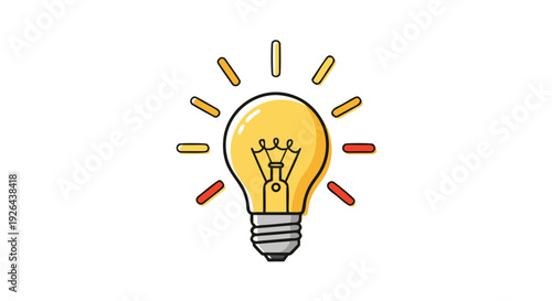 Bright glowing cartoon lightbulb illustration symbolizes great creative thinking and sudden genius inspiration