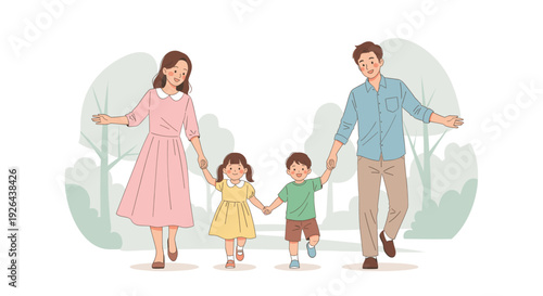 Illustrated happy family with two children walking hand in hand through a park, conveying joy, togetherness, and a sense of carefree fun, suitable for family-related content.