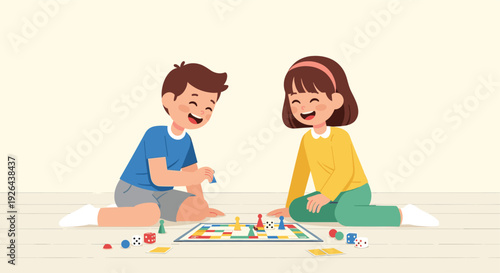 Two smiling children, a boy and girl, happily play a colorful board game on a wooden floor, with dice and pieces scattered around, creating a bright and playful scene.