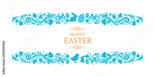 Border design for Easter that includes lettering and beautiful swashes. Here’s to a Happy Easter with this panoramic banner on a separate background.

