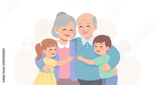 An illustration of grandparents lovingly embracing their granddaughter and grandson with beaming smiles, capturing the warmth and affection of family bonds on a clean, white background.