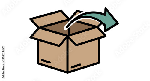 Simple icon illustrating a return arrow indicating an item is being sent back into an open cardboard shipping box