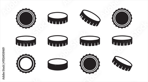 Metal bottle cap icon collection showing crown caps in top and side views isolated on white background