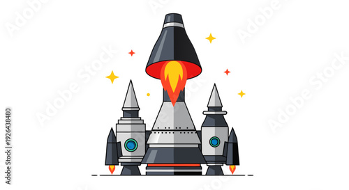 Illustrated launch sequence of a large central rocket flanked by two smaller spacecraft beginning its exciting journey to space.