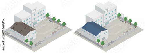 老朽化した学校の体育館の屋根の改修のビフォーアフターアイソメトリックイラスト