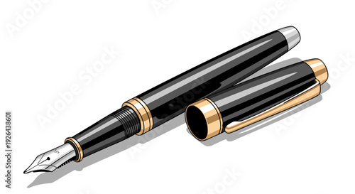Elegant black and gold fountain pen with detached cap resting on a clean white surface background