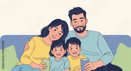 Cartoon style illustration of a happy family of four, including mother, father, daughter and son, sitting on a couch while drinking milk and spending time together.