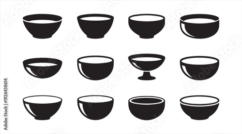 Minimal bowl symbol set featuring food serving containers isolated on white background for kitchen graphics