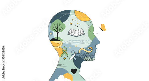 Silhouette profile visualizing mental health awareness symbols knowledge growth and emotional balance concepts clearly.