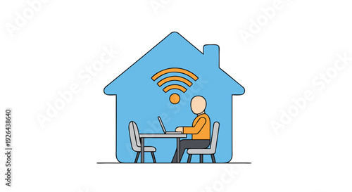 Remote worker utilizing strong wireless internet connection while working from home inside a stylized house icon