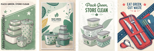 Colorful vintage posters promoting eco-friendly food storage solutions.