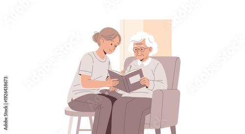 Young caregiver reading book with smiling senior woman in armchair at home. Support, companionship, elderly care, and recreation concept. Simple vector illustration.
