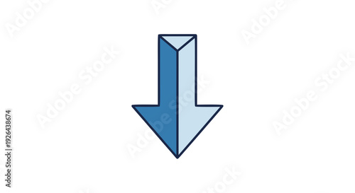 Simple three dimensional blue downward pointing arrow icon suggesting movement or reduction isolated on white background.