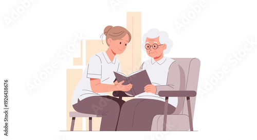 Caring young nurse reading a book to elderly woman sitting in armchair indoors, creating a warm, supportive, and comforting atmosphere of companionship.