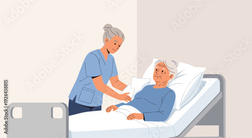 Kind nurse tending to an elderly patient in a hospital bed, showing care and compassion with a friendly expression, suitable for healthcare and elderly care concepts.
