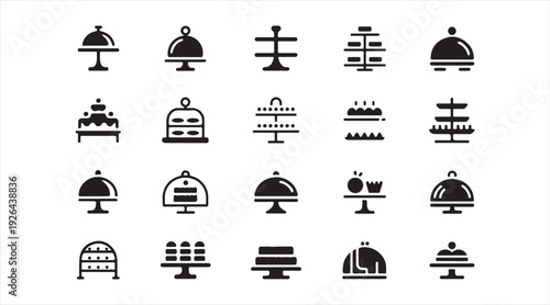 Buffet serving tray and food display icon collection with cloche and stand silhouettes isolated on white