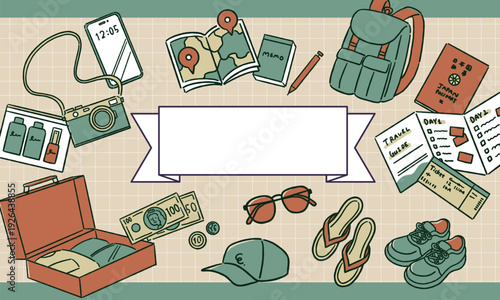 記事の見出しを華やかにする、旅行準備の賑やかなポップバナー　手書きイラスト（ナチュラルカラー）