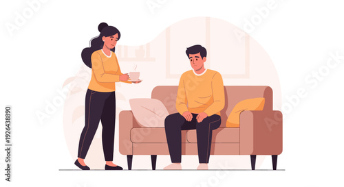 Animated woman brings tea to a depressed man sitting on a couch, creating a comforting yet somber scene, suitable for illustrations or graphics related to mental health or support.