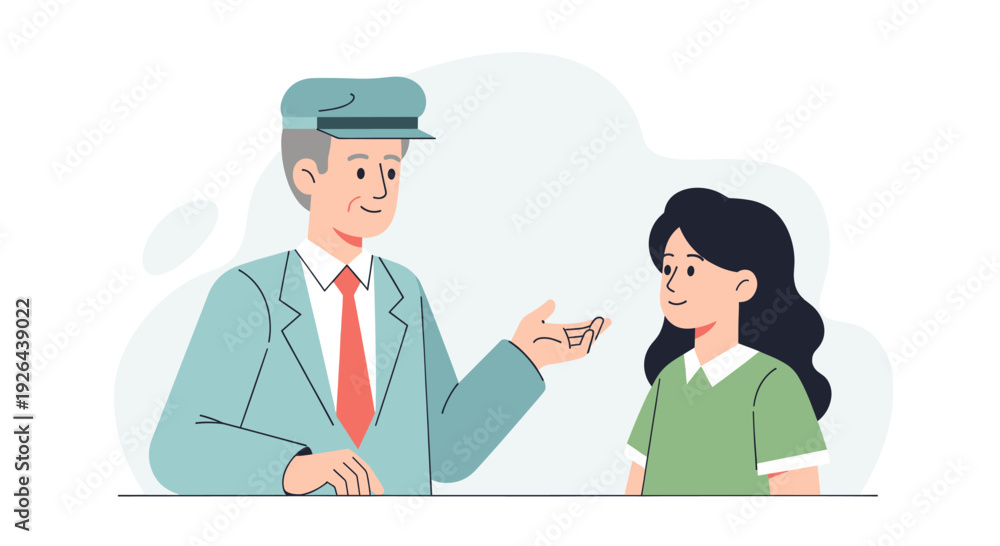 Fototapeta premium An illustration of a concierge, in a light blue uniform and red tie, explaining a service to a young woman. The illustration is clean, simple, and modern.