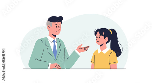 Vector art illustration of a man in a suit gesturing and explaining something to a young woman in a yellow dress, set in a minimal office background, conveying mentorship or advice.
