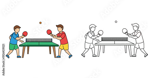 Vector illustration of two boys playing table tennis, featuring colorful cartoon and black-and-white outline versions for coloring book.