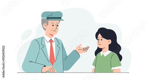 An illustration of a concierge, in a light blue uniform and red tie, explaining a service to a young woman. The illustration is clean, simple, and modern.