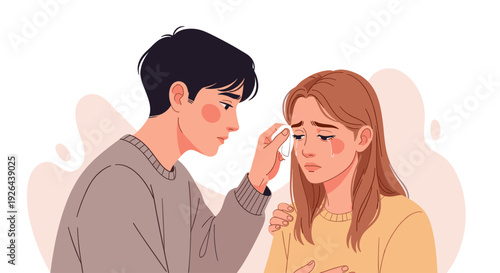 A kind man comforts a crying woman, wiping away her tears with a tissue, in a neutral setting that evokes empathy and support. The image is ideal for mental health content.