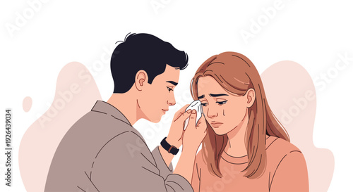 An illustration shows a man tenderly wiping tears from a crying woman's face with a tissue, offering support and comfort during an emotional moment.