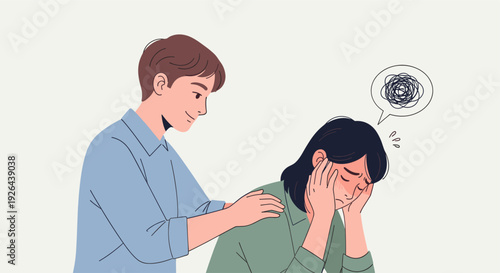 Illustration depicting a man comforting a sad woman with head in hands and a tangled thought bubble above, showcasing support and mental health awareness.