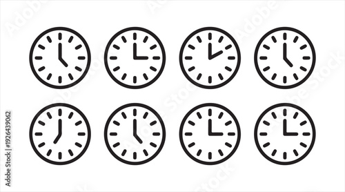 Minimal analog clock icon pack showing various time settings for planning and interface design