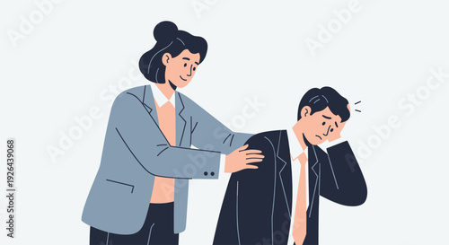 Illustration of a woman comforting a sad businessman by placing a hand on his shoulder in support, showcasing empathy and teamwork. Suitable for business and mental health themes.