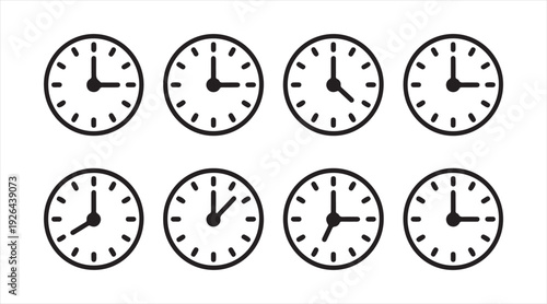 Time and schedule clock symbol set with multiple hour positions in clean outline design