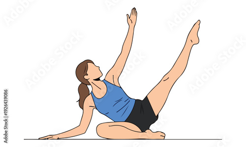 Pilates woman performing side oblique leg and arm lift