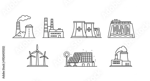Various energy production facilities illustrated in a simple line art style.