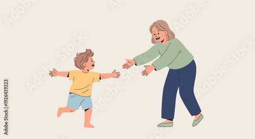 A joyous illustration of a little boy running with open arms toward his smiling mother, capturing the warmth and love between a parent and child in a minimalist style.